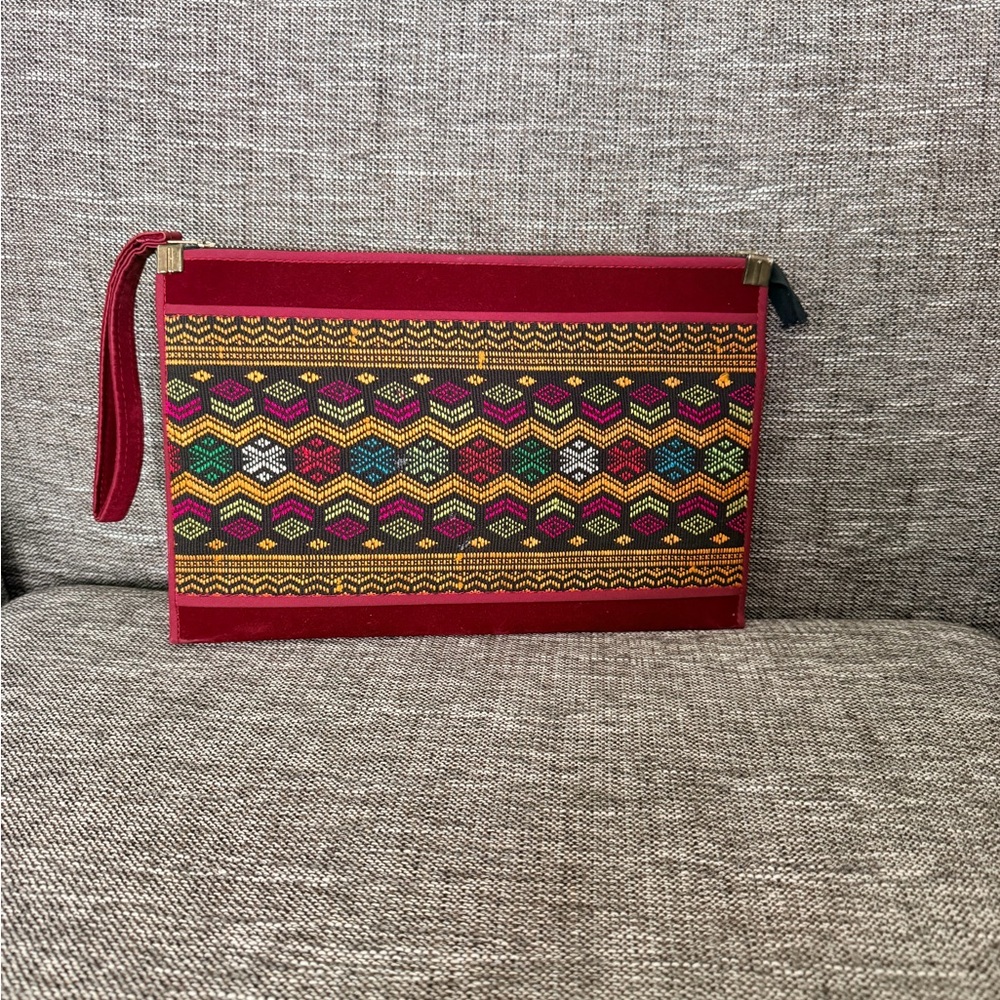 Vintage Red Embroidered Wristlet Clutch with Multicolor Pattern